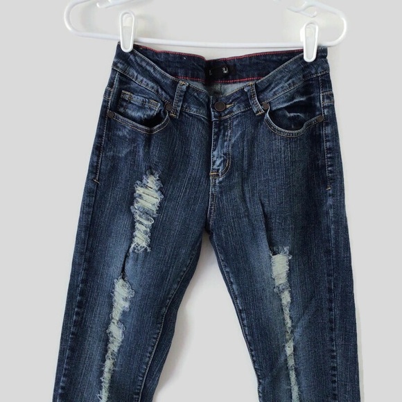 Forever 21 Jeans Mid Rise Straight Distressed Blue Dark Wash - Picture 4 of 11